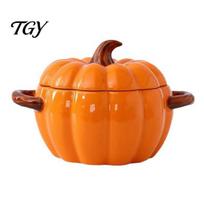 Large Capacity Stew Pot Dutch Oven with Lid, Pumpkin Pottery Dessert Saucepan, Double-Ear Mini Halloween Table Decor Baking Dish, Cute Pumpkins Bowl, S brown