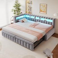 Apmuštas ištraukiamas sofa-lova 90*200 cm, su LED apšvietimu, galvūgaliu ir atlošu, dryžuotas raštas, USB įkrovimo prievadas, šviesiai pilkos spalvos aksominis audinys 211.5 x 102 x 79 cm šviesiai pilka spalva