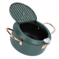 Frying Pot Japanese Style Tempura Fry Pot Double Handles Iron Cooking Pot with Oil Temperature Gauge for Dishes Soup Green black
