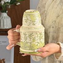 Happy Lily of The Valley Kettle Cup Home Afternoon Tea Ceramic Cup Office Retro Mug Ceramic Cup with Lid Tea Cup 700ML beige
