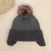 Women's Double-Layer Pom-Pom Knit Hat with Ear Protection - Classic Cable Knit for Autumn & Winter gray