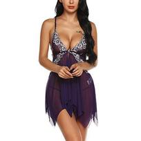 Women's Sexy Lace Lingerie Babydoll Nightwear Set, Sheer Mesh Chemise Sleepwear with Adjustable Straps M brown