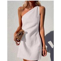 WISH new women's clothing on new/solid color slim temperament commuter slanted shoulder dress [spot] S balta