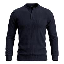 Spring Autumn Men's Knit T-Shirts Henry Collar Solid Color Striped Casual Tshirt Men Vintage Style Fashion Knitted Pullover Tees XL tamsiai mėlyna