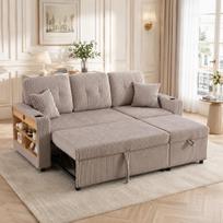 Daugiafunkcinė veliūrinė sofa su daiktadėže ir ištraukiama lova. Įsk. USB-C, Aplinkos apšvietimas, Puodelių laikikliai ir Plati atrama rankoms. 196 x 82 x 85 cm šviesiai pilka spalva