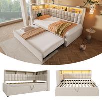 Linen Bed 90x200 with Pull-out 90x190, LED, Bluetooth Speaker, USB & Type-C, L-Headboard with Storage Shelf, Sofa/Guest Bed, Beige, without Mattress 214 x 107 x 89 cm smėlis