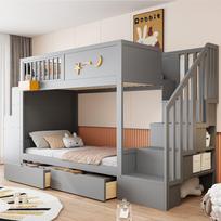 Bunk Bed for Children with Storage Drawers, Safety Staircase, Desk and Star Motif - 90 x 200 cm Solid Wood Frame Made of Pine Wood, Gray 252.5 x 95.1 x 166 cm pilka