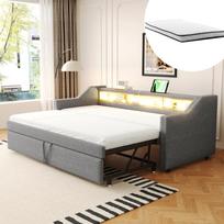 Apmuštas ištraukiamas sofa-lova 90/180 x 190 cm, Daugiafunkcinė daiktadėžė, LED apšvietimas ir USB prievadas, Lamelių rėmas, Šviesiai pilka 203.5 x 102 x 74 cm šviesiai pilka spalva