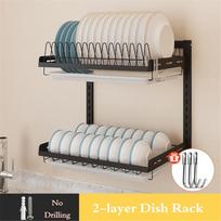 304 Plate Cutlery Cup Dish Drainer Drying Rack Kitchen Dish Rack Stainless Steel Wall Mount Organizer Storage Holder 2 layer gray