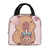 Cute Capybara Loves Drinking Bubble Tea Insulated Lunch Bag for Women Children Portable Food Boxes Thermal Lunch Box Tote One Size beige