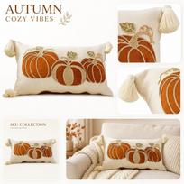 Dekoratyvinė moliūgo siuvinėta pagalvės užvalkalas su kutais kampuose Stačiakampis sofos pagalvės dėklas 50x30cm rudens namų dekoravimui one size beige