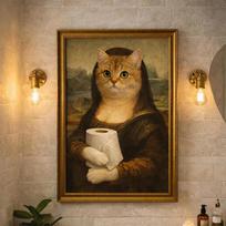 Funny Cat Mona Lisa Poster Cat with Toilet Paper Wall Art Prints Humorous Bathroom Decor Canvas Painting Home Decor 21X30CMNo Framed brown