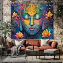 Colorful Buddha Wall Tapestry Spiritual Boho Art Psychedelic Meditation Decor Large Face Hanging Zen Home Aesthetic 74x94cm(29x37in) blue
