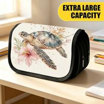 Double Layer Large Pencil Case, Vibrant Printed Pencil Pouch with Ocean Turtle Bloom Design, Fashion Storage Bag, Portable Pencil Case with Zipper, Du 20x9x11cm gray