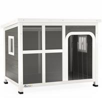 Dog House with Windows and Curtain Entrance, Made of Fir Wood, 90x62x71 cm, Light Grey