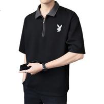 PLAYBOY Short-Sleeve T-Shirt, Men's Polo Undershirt, Summer Trendy Half-Sleeve, Heavyweight Zipper, Turn-Down Collar, Sports Top XL black