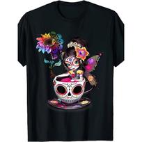 European sizes Vibrant Day of the Dead Sugar Skull Sunflower Print T-Shirt - Men's Casual Sleeve, Round Neck, Soft Comfortable Fit, S juoda