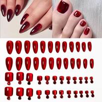 48Pcs Sea Blue Cat Eye Press on Nails Glossy Finish Short Tip Toenail False Nails Set  DIY Nail Art raudona