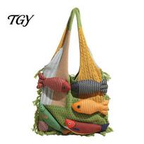 Casual Commuter Bag 3D Fish Knitted Tote, Patchwork Shoulder with Tassels, Retro Style Purse Colorful Boho Women for Daily Commuting Travel Shopping žalia