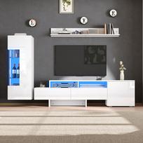 TV sieninės spintelės komplektas 3 dalys, blizgus, moderni spintelė su LED, pastatoma ir tvirtinama prie sienos, akrilinės durys, stiklinė pertvara, balta, TV iki 70' balta