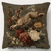 1Pc Vintage Leaping Hare & Peony Pillow Cover, Polyester 2D Double-Sided Print, Rustic Floral Rabbit Art, Cottagecore Home Decor Peach skin 18*18(CM)-1Pcs black