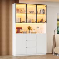 LED apšviesta stiklinė vitrina 120×40×200 cm – Grūdintas stiklas su lentynomis, trimis stalčiais ir dviem durelėmis, universalus svetainei ir valgomajam 120 x 40 x 200 cm balta