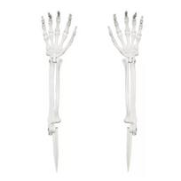 Helovino skeletas, įsmeigiamas į žemę, dekoracija, realistiška skeleto ranka, ranka su vejos kuoliuku, lauko kaukolo kaulo kiemo ženklas sodui, vejai, kapinių dekorui white