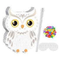 Owl Pinata with Stick Blindfold Confetti Small Owl Pull String Pinata for Woodland Forest Animal Party Birthday Decoration Sets white