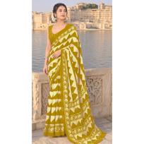 New Launch – Premium Mulmul Cotton Zigzag Hand Block Print Saree beige