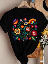 Women's T-shirt Adorned with Mexican Flowers—a Vibrant Folk Art Design, Black Casual Top.graphic T Shirts Women Clothing Y2K Top S blue