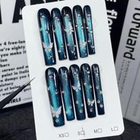 Handmade Press-On Nails With 5D Embossed Butterfly Design Sparkling Blue Cat Eye Effect Extra Long Coffin Shape Small white