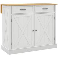 Virtuvės sala Virtuvinis vežimėlis su mediniu stalviršiu Sulankstomas 2 durys 2 stalčiai Reguliuojama lentyna ir 4 ratai 105x60x90,5 cm Baltas 105 x 60 x 90.5 cm