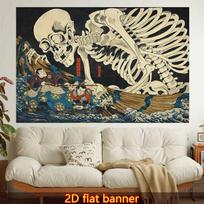Japanese Ukiyo-e Skeleton Tapestry Vintage Wave Samurai Wall Hanging Bedroom Living Room Goth Home Decor 100X70CM gray