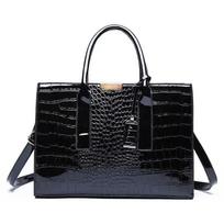 Women Glossy Croc‑Embossed Top Handle Tote Bag, PU Leather Handbag with Detachable Shoulder Strap black