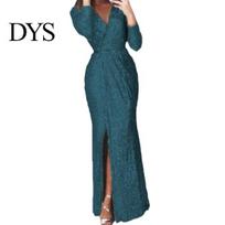 A-line Silhouette Cocktail Dress Women Evening Deep V Neck Sequin Decor Long Sleeves Elastic Waist Pleated High Heels Pairing Split Hem Solid XXL žalia