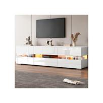Moderni balta blizgi TV spintelė, 160x39x45 cm, su LED apšvietimu, 2 durelės, 1 stalčius