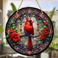 Cardinal Red Bird Poinsettia Suncatcher Dye Acrylic Window Hanging Round Sign Ornament Holiday Gift, Novelty Home Deco 15X15cm gray