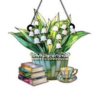 Floral Tea Cup And Book Suncatcher Stained Glass Effect Window Car Hanging Ornament Acrylic 10cm black