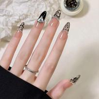 24pcs Black French Press on Nails White Bow Pearl Design Fake Nail Patches Wearable Korean Ballet Fake Nails for Lady Girls gray