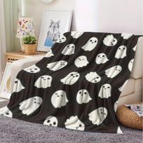 Cozy Flannel Blanket with Playful Ghosts Print - Soft, Warm, and Lightweight for Sofa, Home Relaxation, Naps, Office Bed, and Camping Travel, Camping 75X95CM white