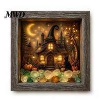 Wood Glass Picture Frame Halloween Shadow Box DIY Lighted Craft Kit, Wooden Night Light with Gothic Style Lamp Sea Stones, LED Memory Display Case for K black