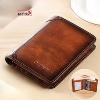 Vintage Genuine Leather Trifold Wallet for Men RFID Blocking Short ID Credit Card Holder brown