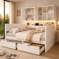 Vaikų lova, Sandėliavimo lova 140x200 su LED apšvietimu, USB įkrovimo lizdais ir stalčiais, PU apmušta galvūgalis, Dieninė lova, su lentynomis ir spintelėmis, Balta 204.5 x 164.5 x 153.5 cm balta