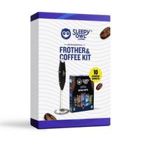 Sleepy Owl Frother & Coffee Kit | Elegant Black Frother with Stainless Steel Whisk | Assorted Instant Coffee Sachets | 5 Flavours
