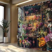 1Pc Vibrant Floral Shop Shower Curtain, Colorful Pink/Purple/Yellow Flowers On Wooden Shelves Design, Polyester,Machine Washable W60H190(CM)-1 Pcs brown