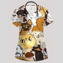 Clinical Uniform Woman Fashion V-Neck Vibrant Pockets T-Shirt Cute Cartoon Print Tops Summer Comfortable Vet Nurse Uniform Woman S beige