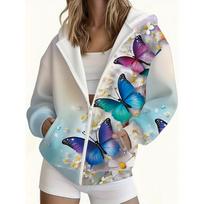 Women's spring and autumn butterfly print hooded zipper jacket XL gray