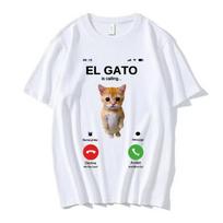 Creative Humor Sad Crying Cat Printed Pure Cotton T-shirt Men and Women with The Same Round Neck Cotton Short-sleeved T-shirt S white