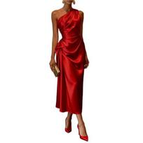 Women's One Shoulder Satin Prom Dress Summer Sleeveless Party Cocktail Midi Dress Ruched Bodycon Evening Wedding Guest Dress L raudona
