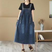 Retro Blue Denim Ter Dr Women's Summer Dstring Waist Cinching Slimming Strap Dr Ele Lady Sle A-Line Midi Dr M gray